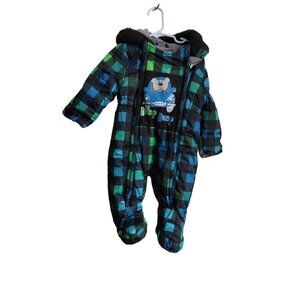Wippette baby boy blue green checker print hooded snowsuit